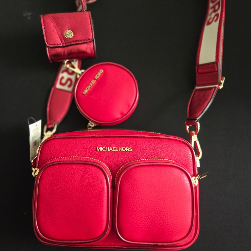 Michael Kors Jet Set Bright Red Leather Medium Pocket Crossbody Bag 35H3GTTC2L - Picture 2 of 9